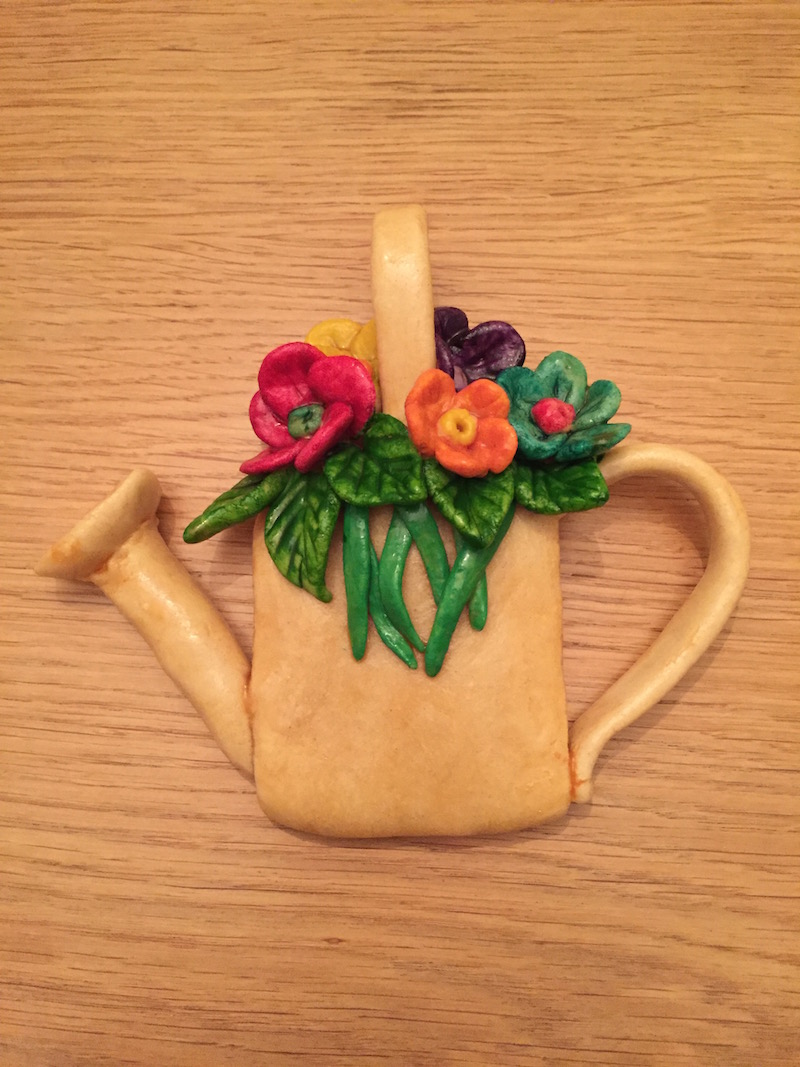 salt dough watering can with flowers